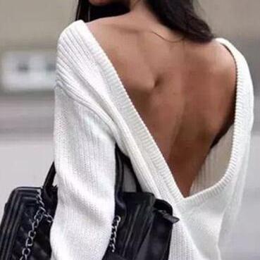 Sexy Loose Backless Deep V White Sweater