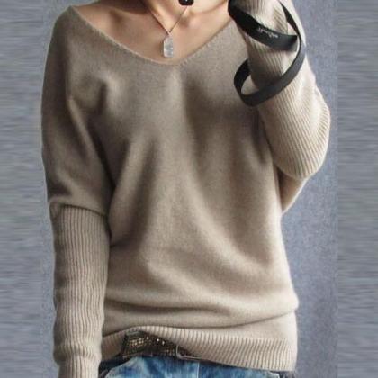 Loose V Neck Batwing Pullover Sweater