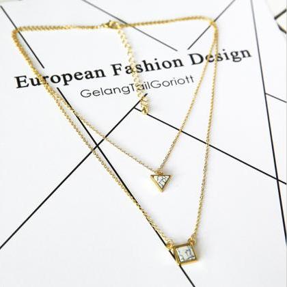 Simple Metal Chain Double Triangle Square Stone..