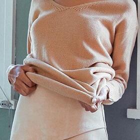 Loose Turtle Neck Hollow Out V Neck Pure Color..