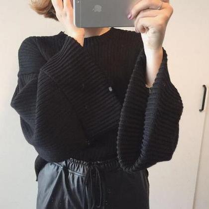 Retro Loose Ribbed Knit Bell Long-S..