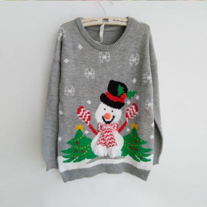 Fashion Christmas Tree Snowman Round Collar Knit..