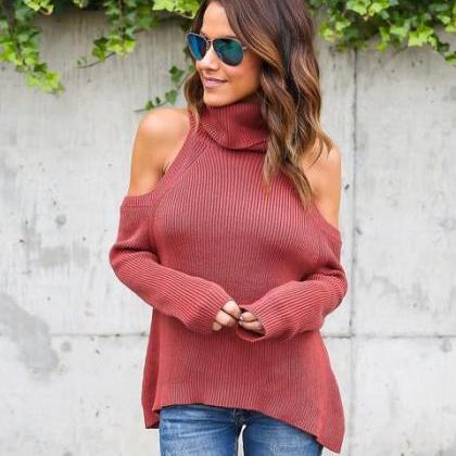 Sexy Bare Shoulder High Neck Long Sleeve Pure..