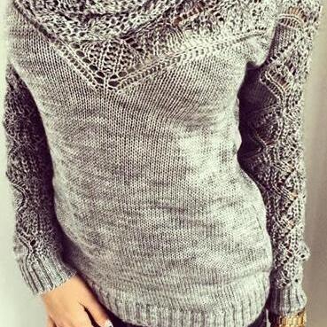 Fashion Hollow Out Heaps Collar Long Sleeve Knit..