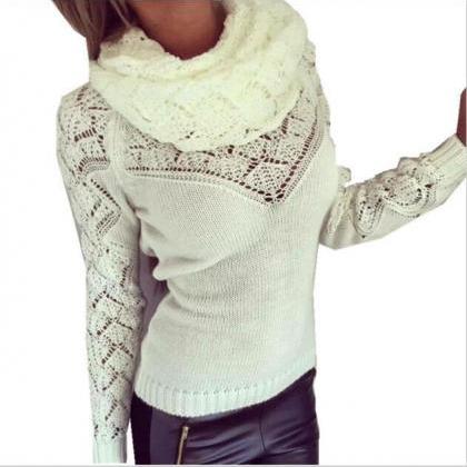 Fashion Hollow Out Heaps Collar Long Sleeve Knit..