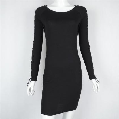 Hollow Out Lace Up Long Sleeve Black Short Bodycon..