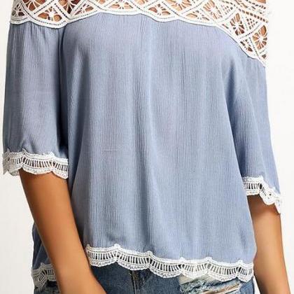 Off-shoulder 1/2 Sleeve Lace Patchwork Chiffon..