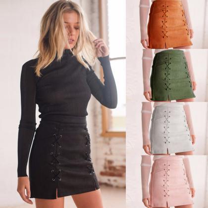 Fashion Side Lace Up Short Bodycon Split Skirt