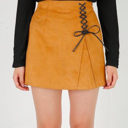 Short High Waist A-line Skirt Featuring Lace-up..
