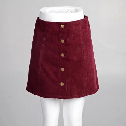 Pure Color Corduroy Button A-line Mini Skirt