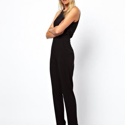 Black Scoop Sleeveless Hollow Out Back Long..