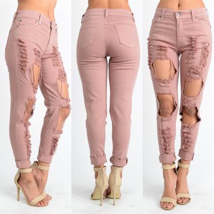 Pink Ripped Hole Low Waist Long Straight Jeans