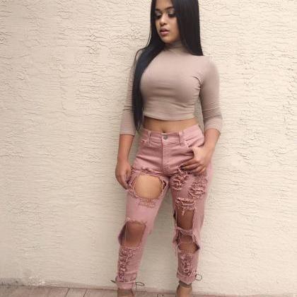 Pink Ripped Hole Low Waist Long Straight Jeans
