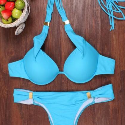 Pure Color Padded Straps Twp Pieces Swimwear