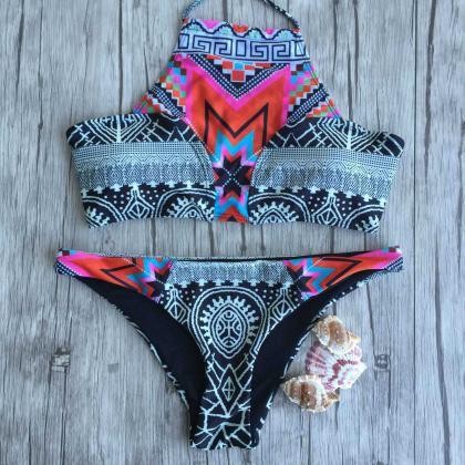 Bohemian Style Print Halter Padded Bikini Set