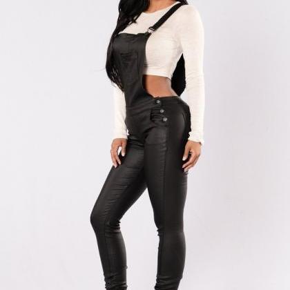 Fashion Black Pu Slim Overalls Jumpsuits