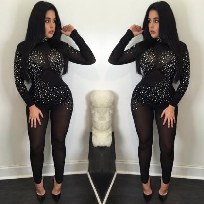 Sexy Long Sleeve Mesh Crystal See-T..