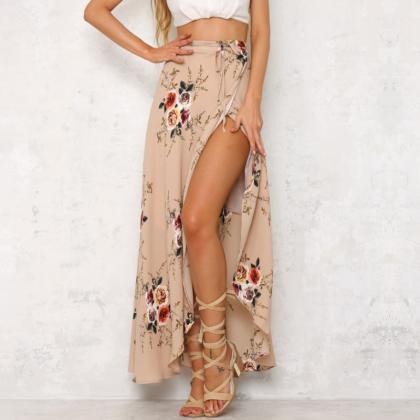 Floral Print Maxi Wrap Skirt Featuring High Slit..