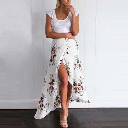 Floral Print Maxi Wrap Skirt Featuring High Slit And Ribbon Accent on ...