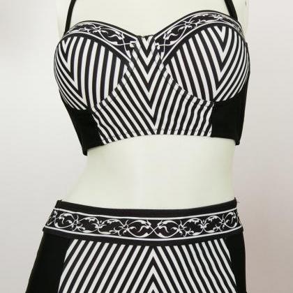 Black And White Striped Strap Type Two Piece..