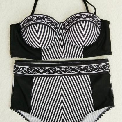 Black And White Striped Strap Type Two Piece..