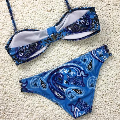 Blue Flower Printed Bikinis