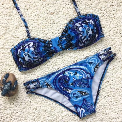 Blue Flower Printed Bikinis