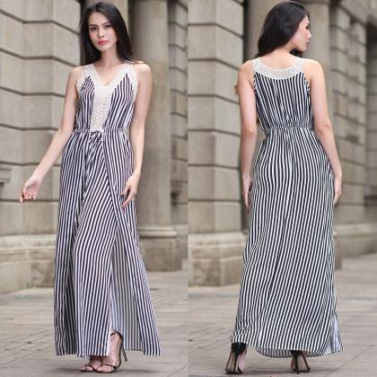 Stripe Of Bud Silk Condole Belt Split Long Dresses