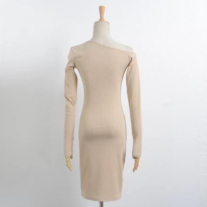 Slim Single Shoulder Design Long Sleeved Dress
