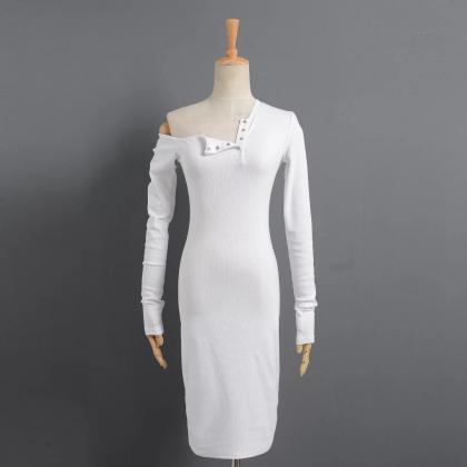 Slim Single Shoulder Design Long Sleeved Dress