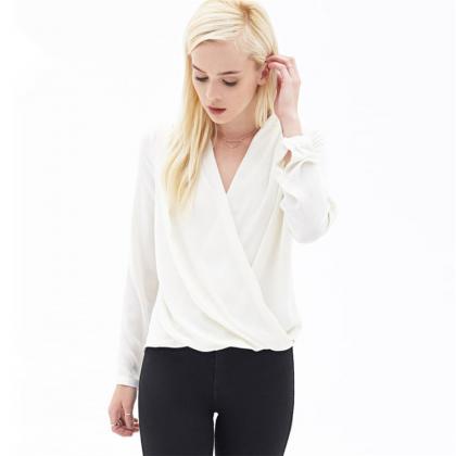 Fashion Simple V-neck Pure Color Long Sleeve..