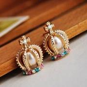 Free Shipping Crown Shape Stud Earrings Sweet Style Colorful Rhinestone