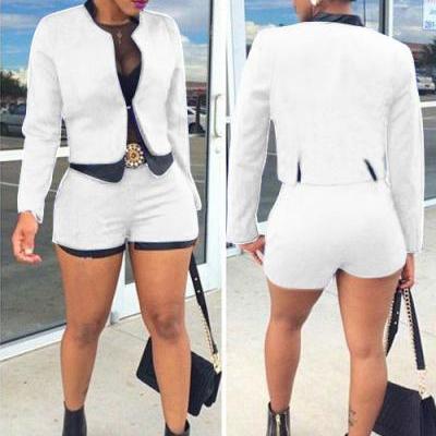 Slim Patchwork Jacket with Slim High Waist Shorts Two Pieces Set