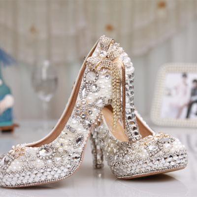 Shinning Beading Crystal Platform Bowknot Tassels Super High Stiletto Heels Bridal Shoes