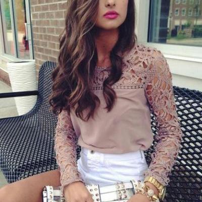 Hollow Out Lace Sleeves Chiffon Blouse