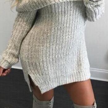 Pure Color Off Shoulder Side Slit Long Sleeve Knit Sweater Dress