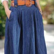 Denim Blue Elastic Waist Pleated Long Skirt With Belt