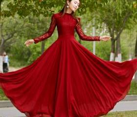 Charming Long Lace Sleeves Pleated Chiffon Long Red Maxi Dress on Luulla