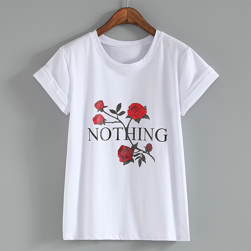 White Round Collar T Shirt With Rose And Letter Graphic T Shirt
