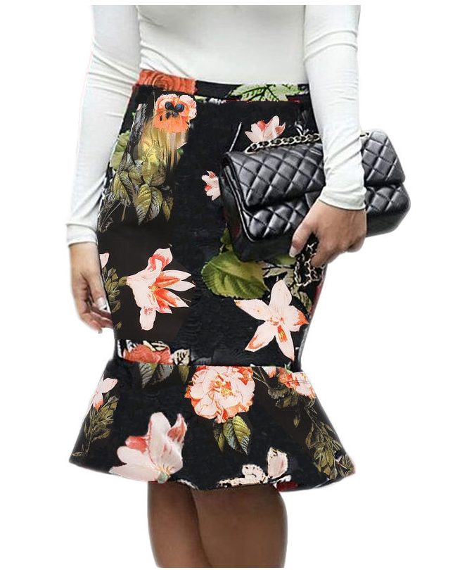 2017 Fashion Sexy Lotus Leaf Tail Printed Bodycon Skirts