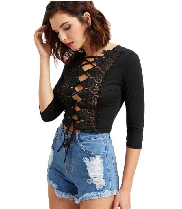 Sexy Hollow Out Bind Lace Stitching Three Quarter Sleeve T-shirt