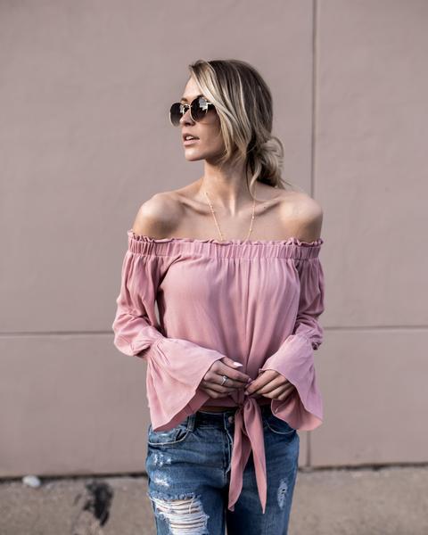 Pure Color Off Shoulder Loose The Horn Sleeve T-shirt