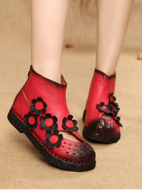 Leather Floral Vintage Flat Ankle Boots 