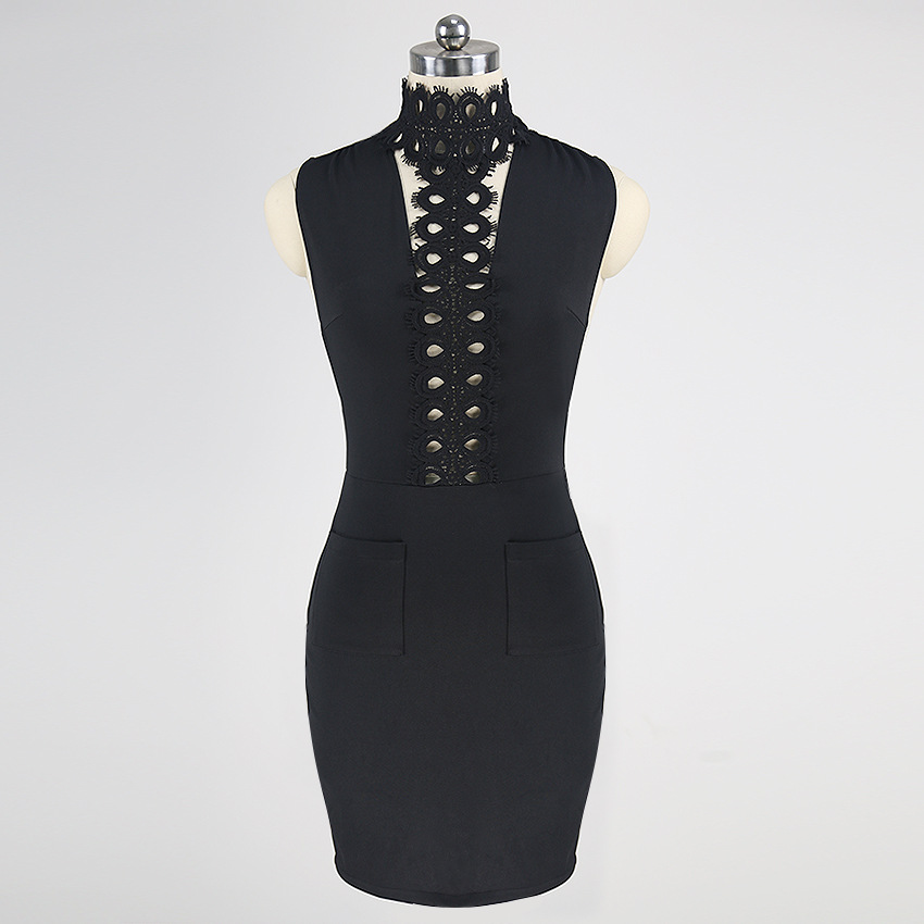 Pure Color Stitching Embroidery Hollow Out Sexy Bodycon Dress