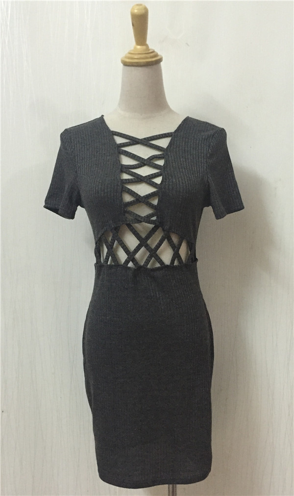 Pure Color Sexy Hollow Out Cross Strap Bodycon Dress