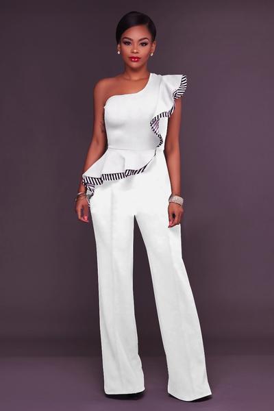 Pure Color One Shoulder Ruffles Wide-legs Long Jumpsuit on Luulla