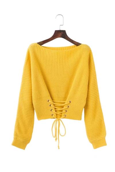 Lace-up Corset Knitted Long Cuffed Sleeves Sweater Featuring Bateau Neckline
