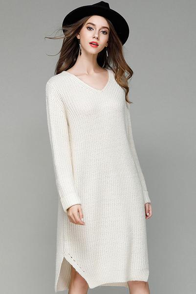 V-neck Long Sleeves Pure Color Split Long Pullover Sweater