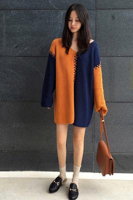 Color Block V-neck Long Sleeves Loose Pullover Sweater