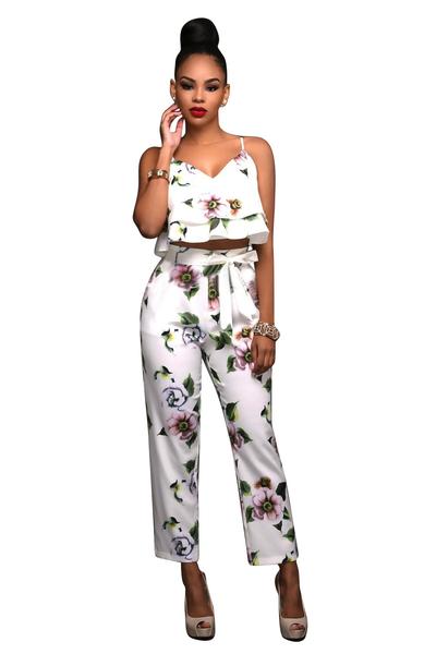 Flower Print Ruffles Vest With Skinny Pants Two Pieces Set